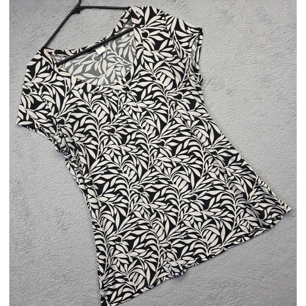 Lia Lee Top Womens Plus 2X Black White Leaf Stretch Flowy Boho Career Blouse